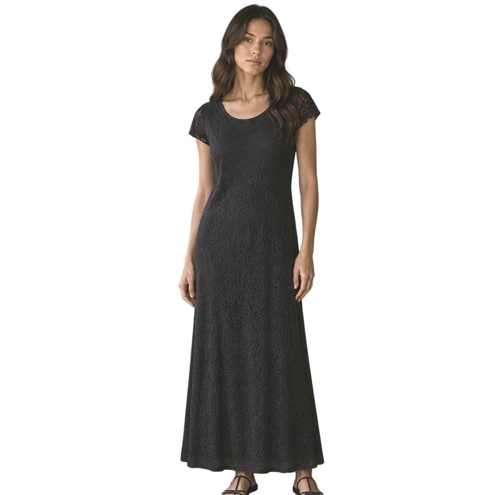 Vintage Black Whimsigoth Maxi Dress 14 (M) Mesh Lace Witchy Gothic Dark Romantic